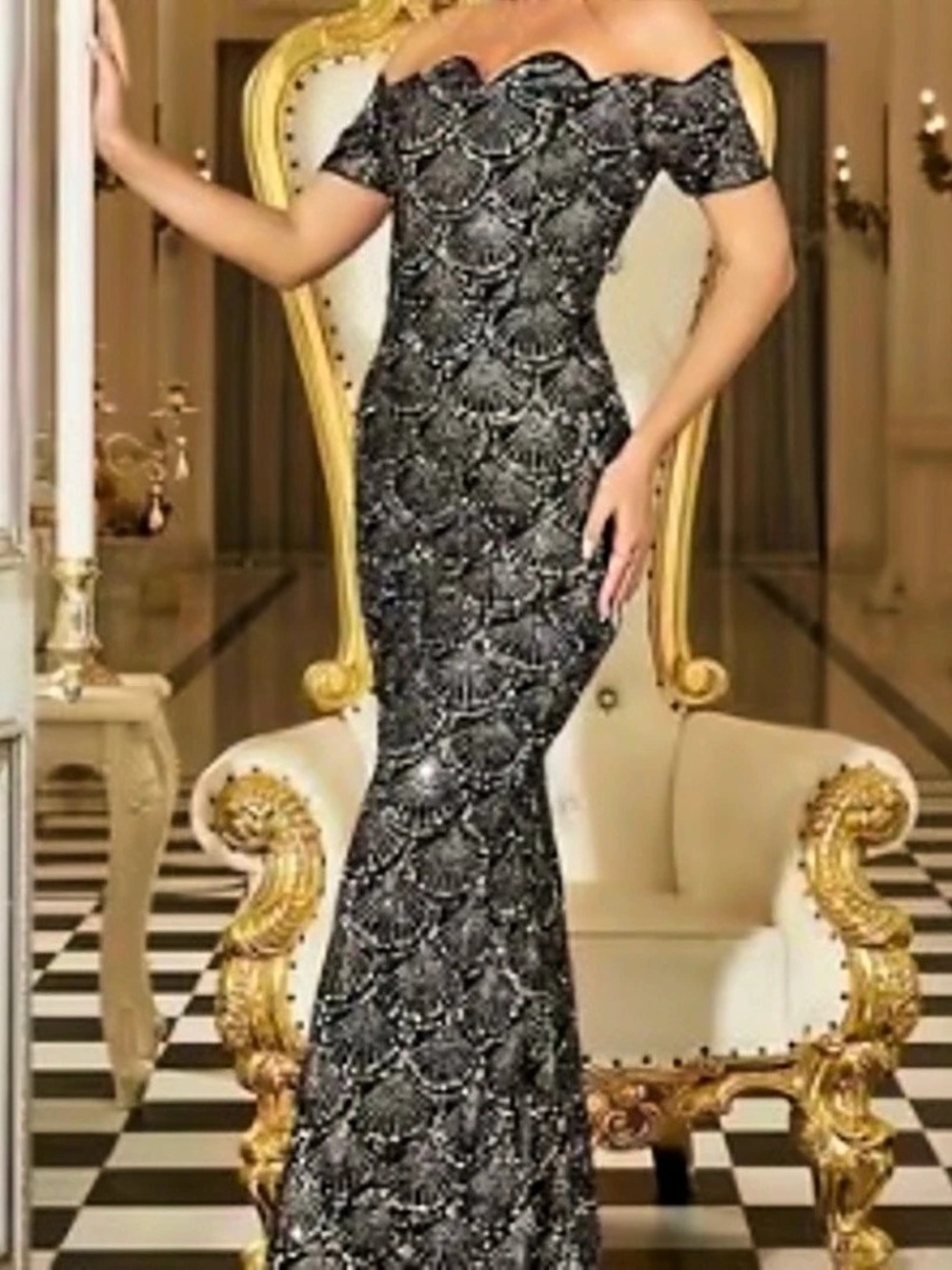 Black Silver & Gold Off-Shoulder Maxi Dress